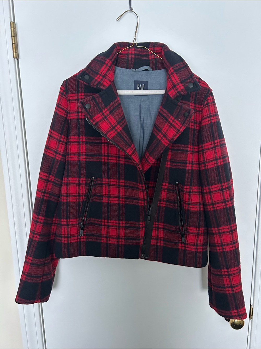 GAP Red and Black Plaid Moto Jacket